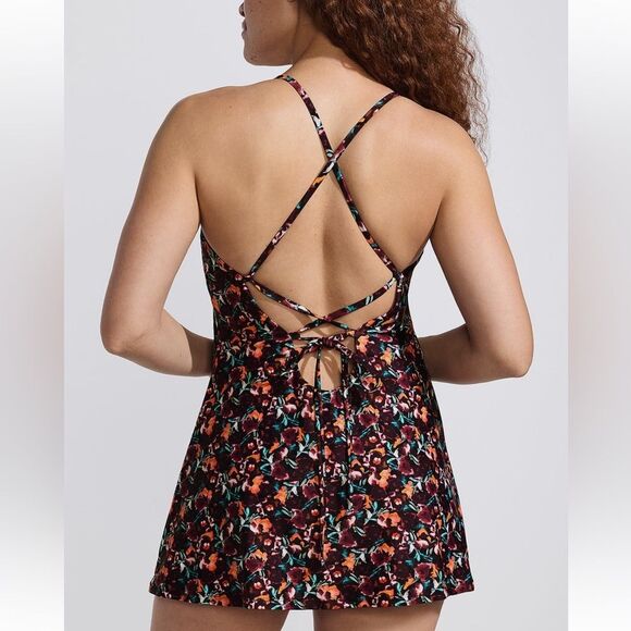 Land's End Red Andie Tugless Fiji X back swim dress dark wine abstract floral S - Picture 8 of 8